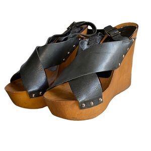 Aldo Wedge Heels Open Toe Black Leather Studded Ankle Strap 6.5